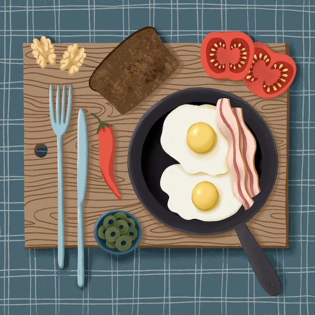 Handgezeichnete Illustration mit Frühstück Rührei mit Speck