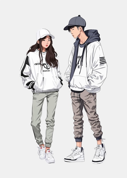 Handgezeichnete Illustration von koreanischen Jungen- und Mädchenmodellen in Streetwear