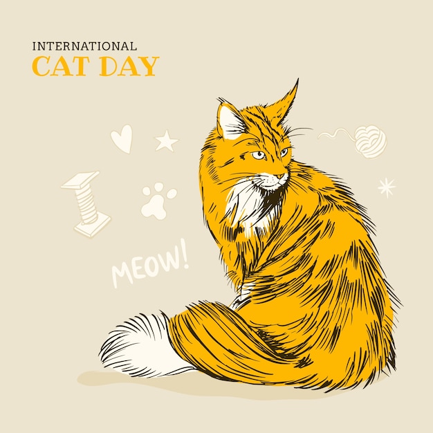 Vektor handgezeichnete illustration zum internationalen katzentag mit katze