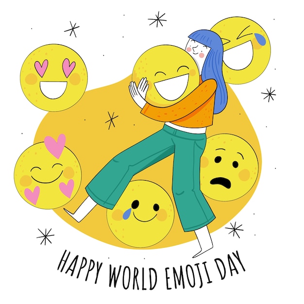 Handgezeichnete Illustration zum Welt-Emoji-Tag mit Frau, die Emoticon umarmt