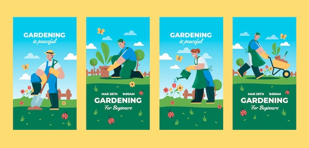 Handgezeichnete Instagram-Geschichten für die Gartenarbeit im flachen Design