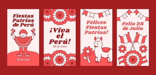 Handgezeichnete Instagram-Geschichten-Sammlung für peruanische Fiestas Patrias-Feierlichkeiten