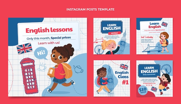 Handgezeichnete Instagram-Posts für Englischunterricht