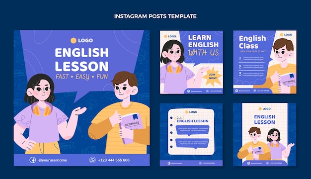 Handgezeichnete Instagram-Posts für Englischunterricht