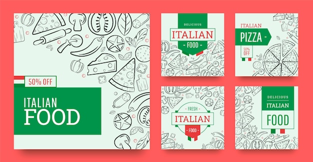 Vektor handgezeichnete instagram-posts für italienische restaurants