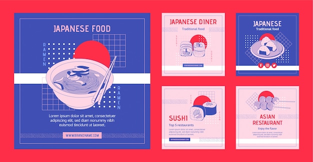 Handgezeichnete instagram-posts für japanische restaurants