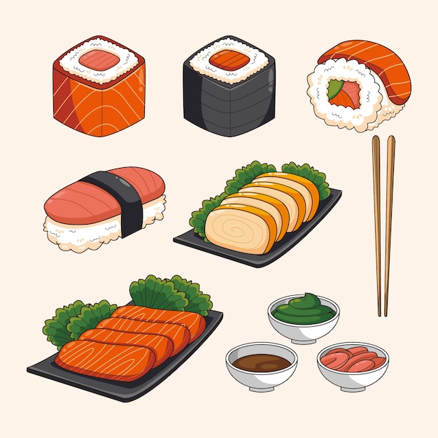 Vektor handgezeichnete internationale sushi-tag-design-elemente-kollektion