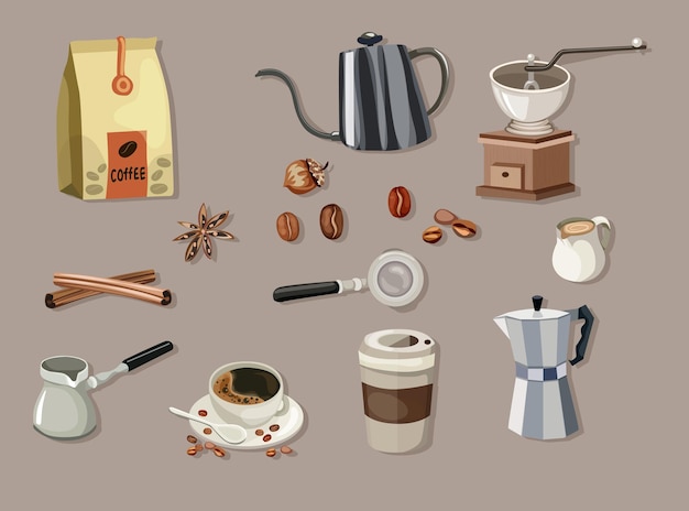 Handgezeichnete Kaffee-Kollektion Vintage Kaffee-Brauerausrüstung Verstärker Bohnen
