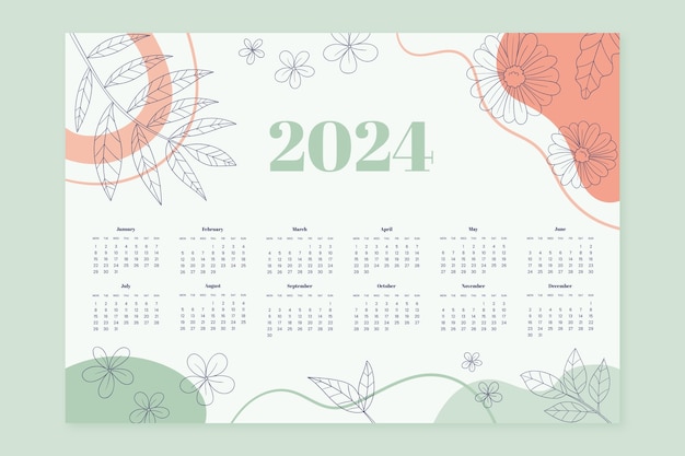 Vektor handgezeichnete kalendervorlage 2024 mit blättern und abstrakten formen