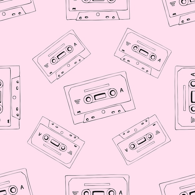 Handgezeichnete kassette und mixtape nahtloses muster schwarz-rosa cartoon-doodle-hintergrund