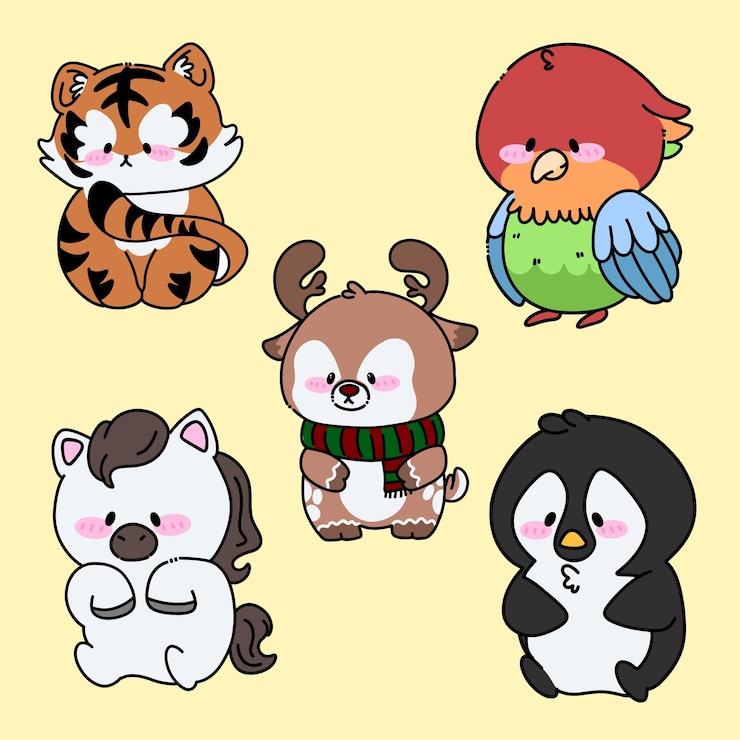 Vektor handgezeichnete kawaii-tierkollektion
