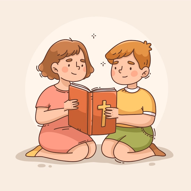 Handgezeichnete Kinder, die eine Bibelillustration lesen