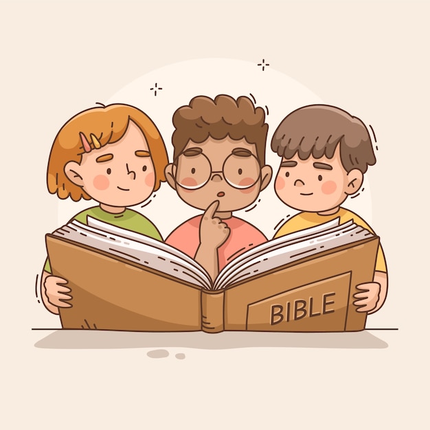 Handgezeichnete Kinder, die eine Bibelillustration lesen