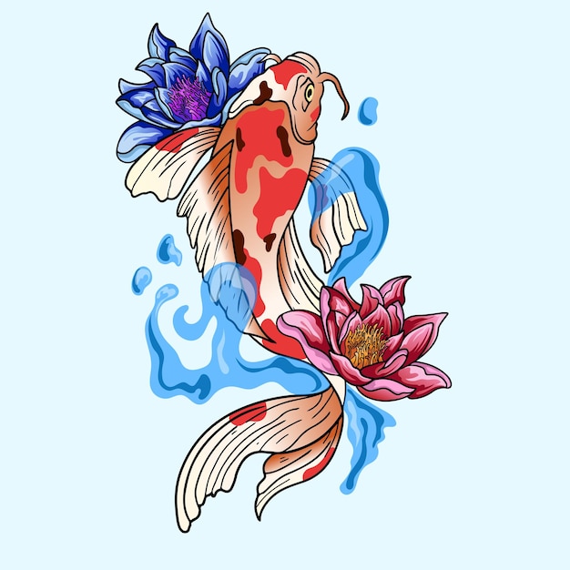 Handgezeichnete koi-fische japanische blumen illustration bunte koi-karpfen mit wasserspritzer lotus