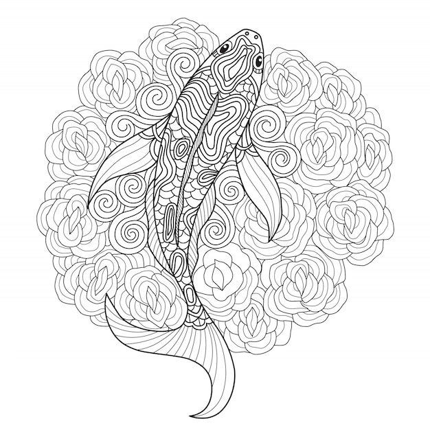 Handgezeichnete Koi Fische und Blumen
