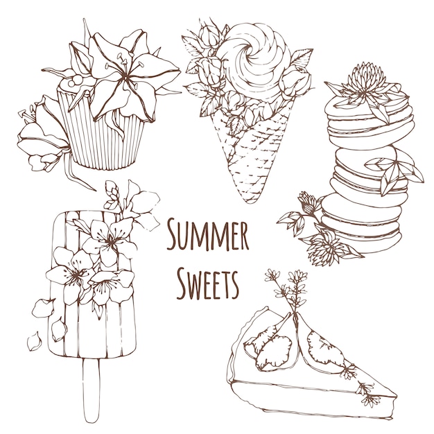 Handgezeichnete kontur sommer desserts mit blumen