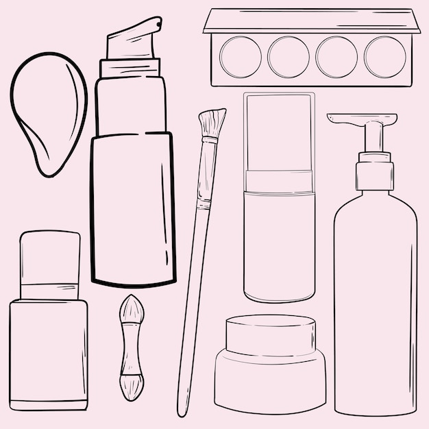 Vektor handgezeichnete kosmetikprodukte-kollektionen von hautgesundheits- und schönheits-spa-salons und selbstpflegeschildern