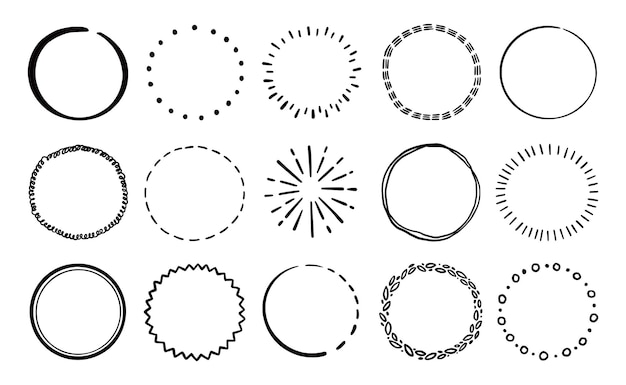 Vektor handgezeichnete kreislinie abzeichen-set. rustikales, grunge-stil-kreis-abzeichen für rahmen, etikett, burst-grenze. vektor-illustration. gezeichnete pinselkritzellinie.