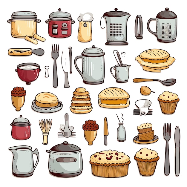 Vektor handgezeichnete küchenutensilien clipart für bäckereien zeichentrickfilm vektorillustration clipart weißer hintergrund