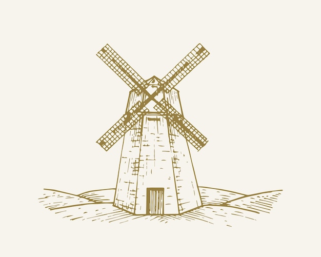 Handgezeichnete ländliche gebäude landschaft vektor illustration windmühle skizze dorf mühle haus doodle ist...