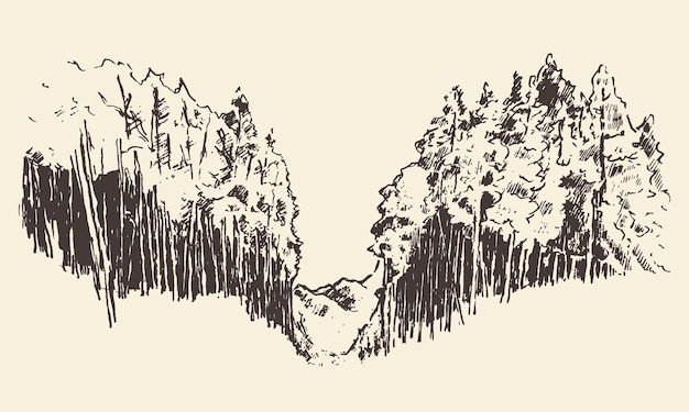Handgezeichnete landschaft mit see und tannenwald, vintage-vektorillustration
