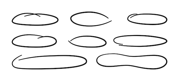 Vektor handgezeichnete lange kreisovale stellen ellipsen unterschiedlicher breite ein. hervorheben von kreisrahmen. elipsen und ovale im doodle-stil. satz von vektorillustrationen isoliert auf weißem hintergrund