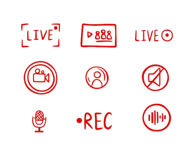 Vektor handgezeichnete live-streaming-doodle-symbole, video-übertragungstaste, rote symbole, tv-nachrichtensendungen