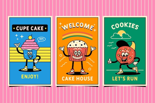 Vektor handgezeichnete lustige desserts trendige cartoon-cover-packung