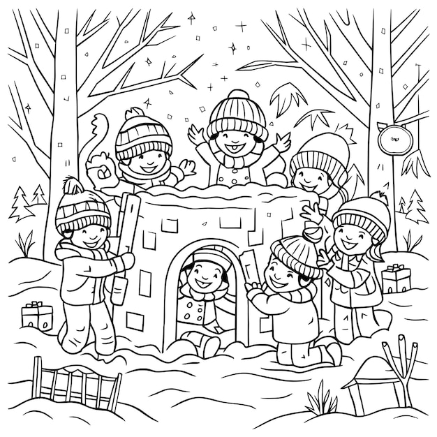 Handgezeichnete Malbuchseite-Illustration einer Gruppe von Kindern, die eine Schneefestung in einer Winterszene bauen