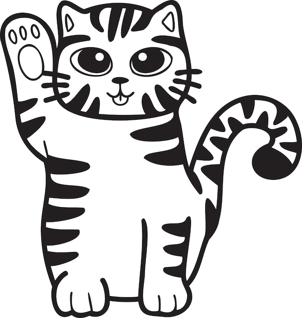 Vektor handgezeichnete maneki neko oder glückliche gestreifte katzenillustration im doodle-stil