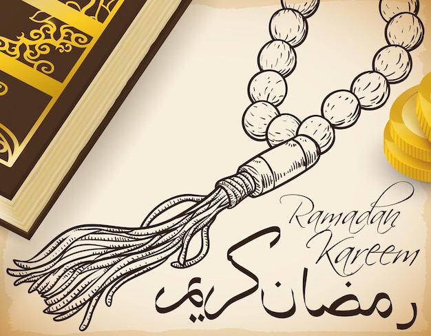 Handgezeichnete Masbaha-Münzen für Wohltätigkeit und das heilige Koranbuch, traditionelle Elemente für den Ramadan