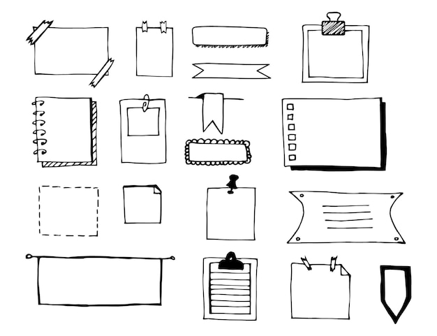 Vektor handgezeichnete memo-papierblätter, klebrige notizen, erinnerungen an die aufgabenliste, klebeband und stifte