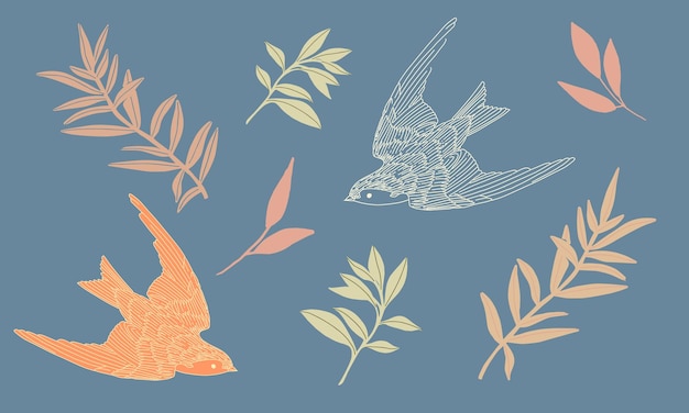 Handgezeichnete motivkollektion mit spatzvogel und verschiedenen botanischen pflanzen skandinavischer volkssatz