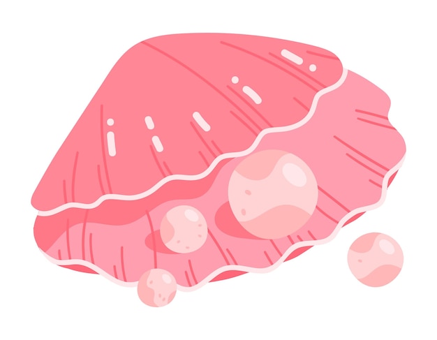 Handgezeichnete muschel mit perlen, muscheln mit perlen und muscheln pink, muschelschalen, meeresfauna, flache vektorillustration.