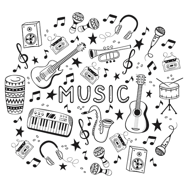 Handgezeichnete musikinstrumente im doodles-stil