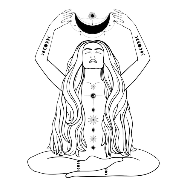 Vektor handgezeichnete mystische frau mit sonne, mond, stern in strichzeichnungen. spirituelle abstrakte silhouette junge frau. magisches profil, esoterische talisman. vektor-illustration isoliert auf weißem hintergrund