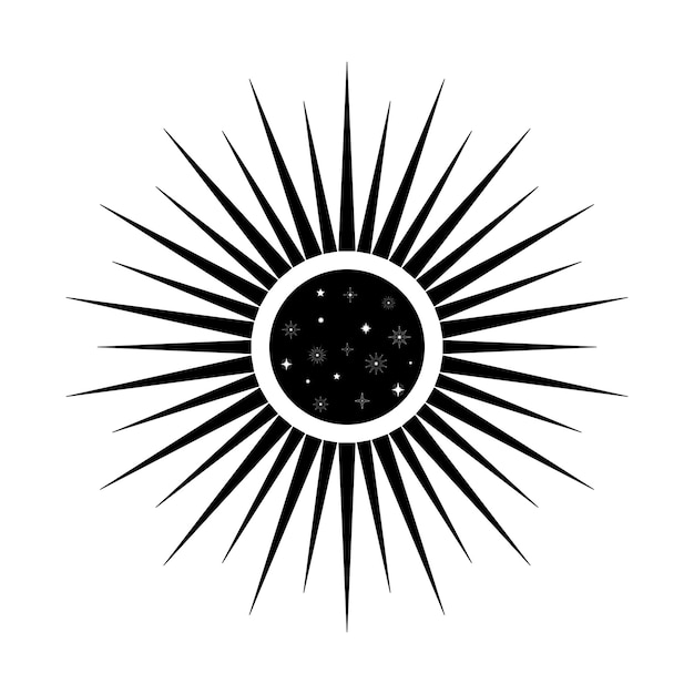 Handgezeichnete mystische Sonne mit Sternen in Strichzeichnungen. Himmlischer Raum des spirituellen Symbols. Magischer Talisman, Antik-Stil, Boho, Tattoo, Logo-Vektor-Illustration.