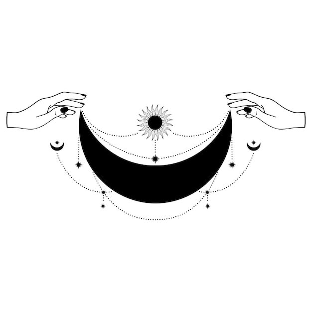 Handgezeichnete mystische sonne und mond mit frauenhänden in strichzeichnungen. himmlischer raum des spirituellen symbols. magischer talisman, antiker stil, boho, tätowierung, logo. vektor-illustration isoliert auf weißem hintergrund