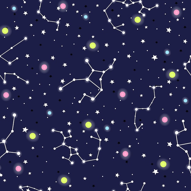 Handgezeichnete nahtlose muster konstellationen planeten und sternenhimmel sternzeichen vektor-illustration