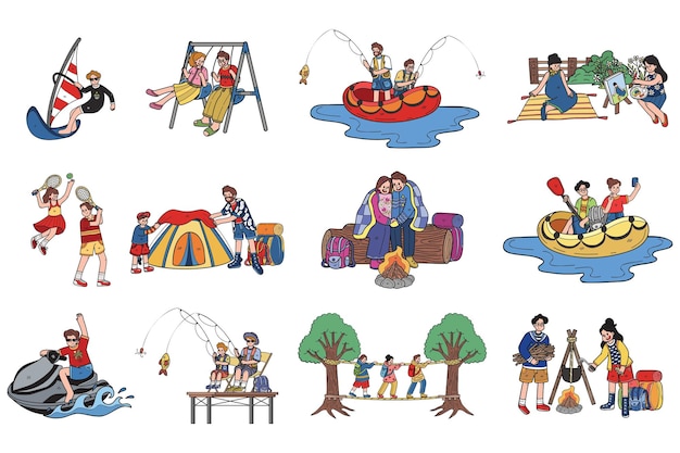 Handgezeichnete outdoor-reise- und campingkollektion in flacher illustration für geschäftsideen