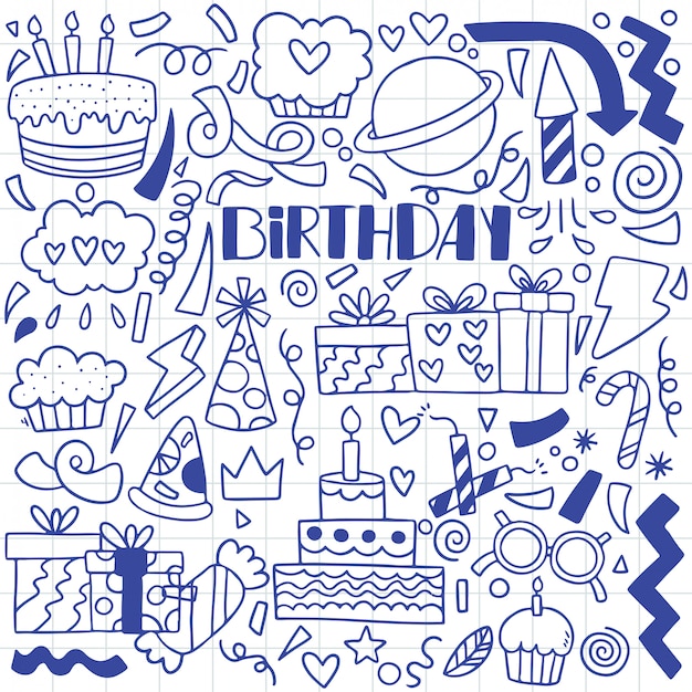 Handgezeichnete party doodle alles gute zum geburtstag ornamente hintergrundmuster