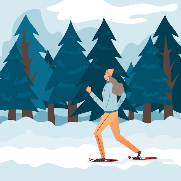 Vektor handgezeichnete person schneeschuhwandern illustration