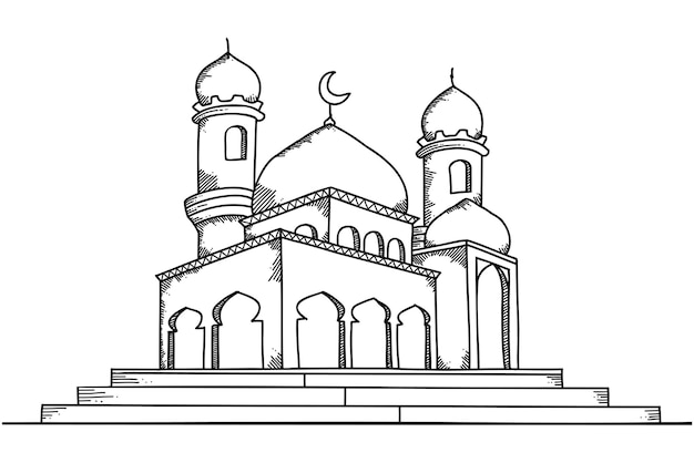 Handgezeichnete perspektivische moschee-gebäudeskizze