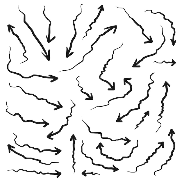 Handgezeichnete pfeilsymbole stellen sie das pfeilsymbol mit verschiedenen richtungen ein doodle-vektorillustration isoliert auf weißem hintergrund