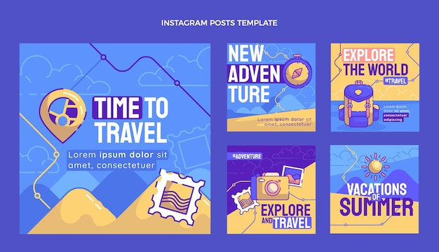Vektor handgezeichnete reise instagram posts sammlung