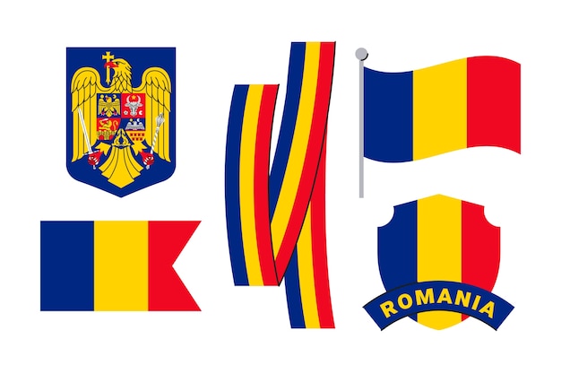 Handgezeichnete rumänische flagge und sammlung nationaler embleme