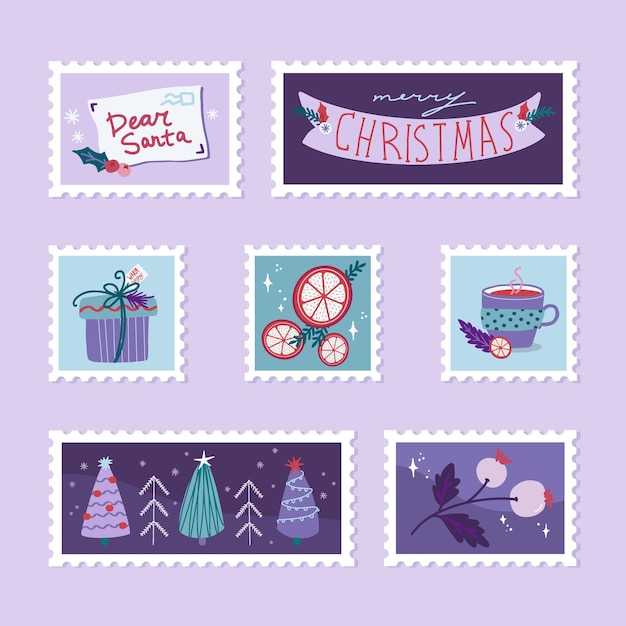 Handgezeichnete Sammlung von Weihnachtsbriefmarken im Cartoon-Stil