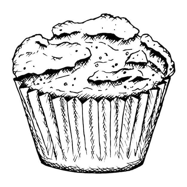 Handgezeichnete schwarz-weiße Vektorillustration eines Muffins mit detaillierter Textur, perfekt für die Bäckerei