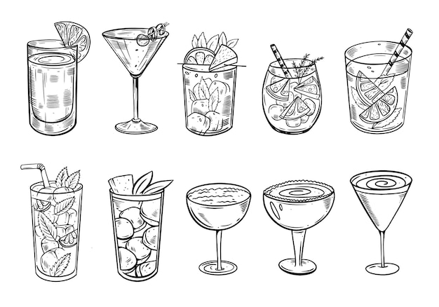 Handgezeichnete schwarze skizzencocktails setzen vektorillustration