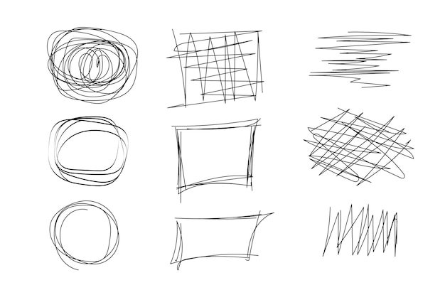 Handgezeichnete scribble-schreibwörter, lockige linien, kreise, quadratische rahmen, schreibwürfe, vektorgrafische elemente